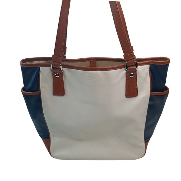 Coach Handbags - Coach Park Leather Color Block Tote Bag Vintage Cream Navy Brown F23533 Womens